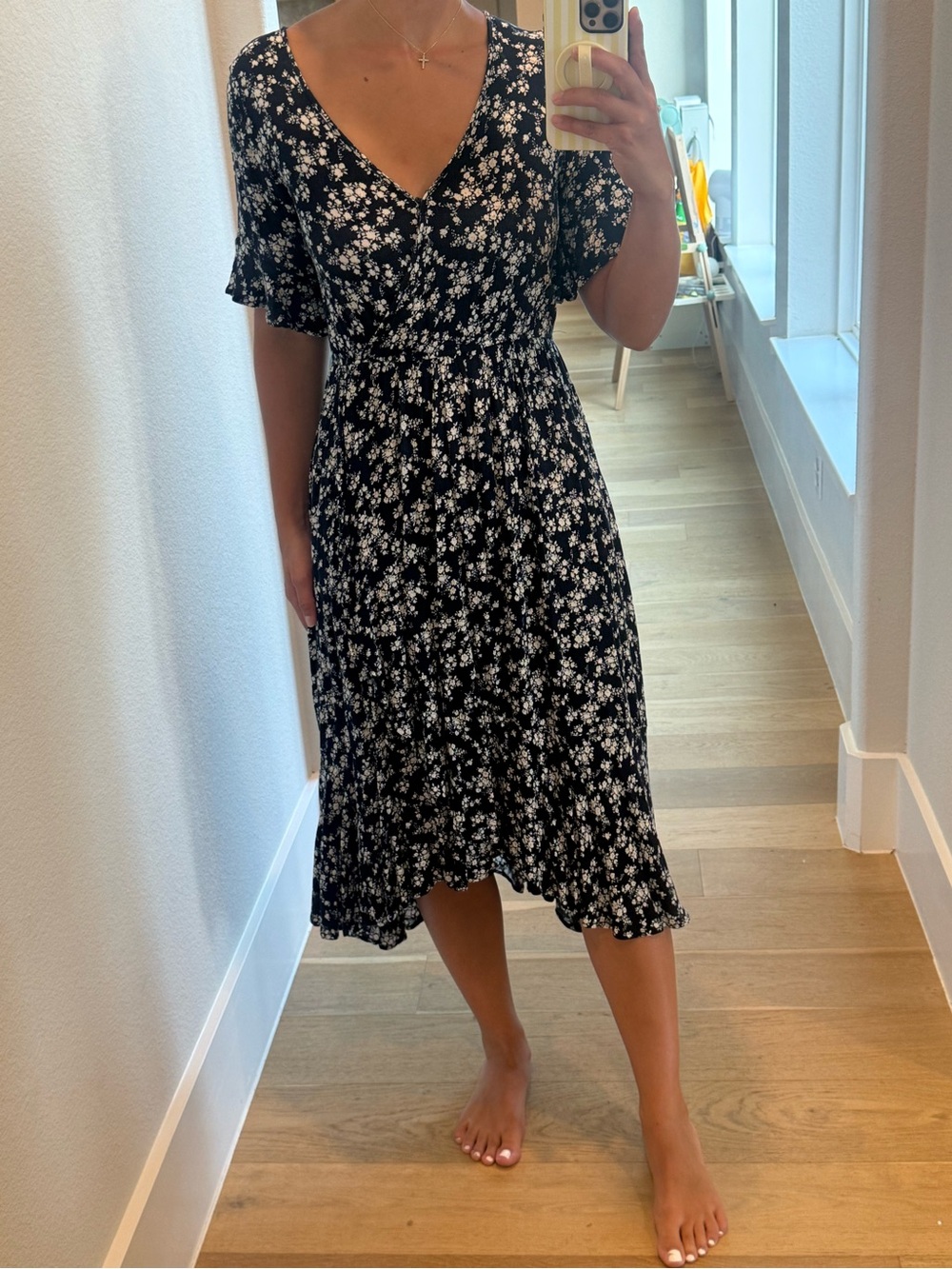 Magnolia Navy and White Floral Wrap-Style Midi Dress